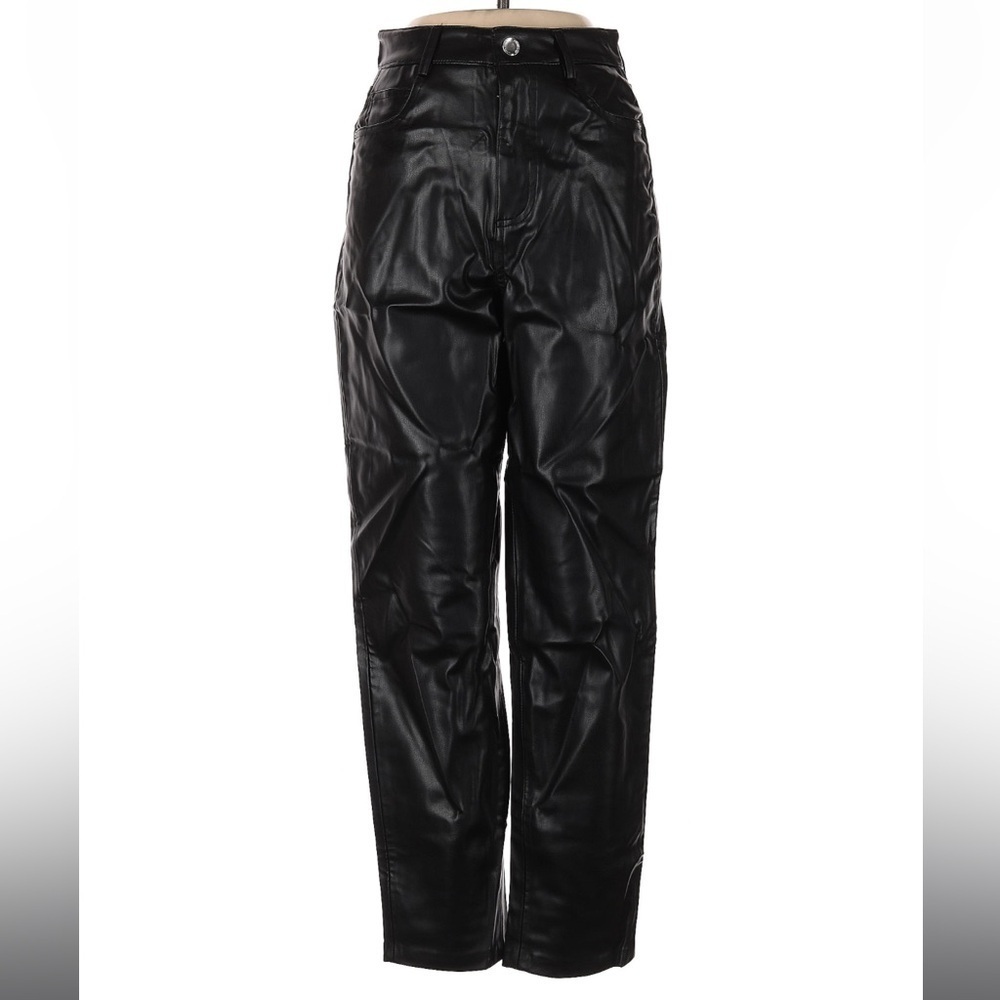 Zara Faux Leather Straight Leg Pants Black High Rise Vegan Leather Size 2 NWT - Picture 2 of 5